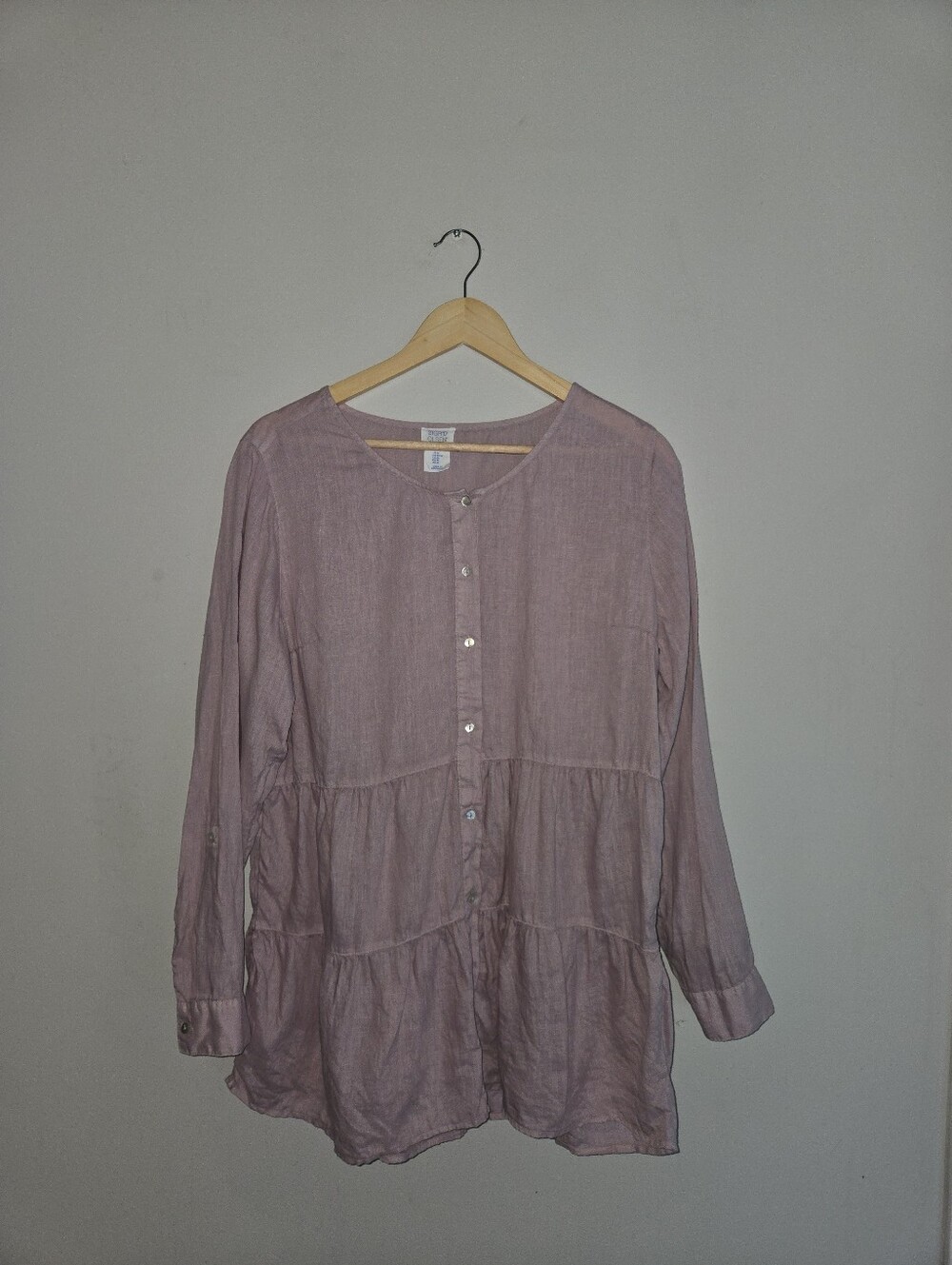 100% Linen Dusty Rose Tiered Tunic Top Lagenlook Cottagecore Blouse M Cover Up